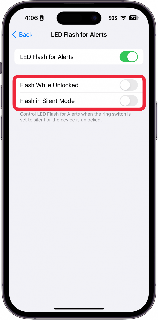 iPhone-LED-Blitz für Warnmeldungseinstellungen mit einem roten Kästchen um die Schalter für Blitz im entsperrten Zustand und Blitz im Lautlosmodus
