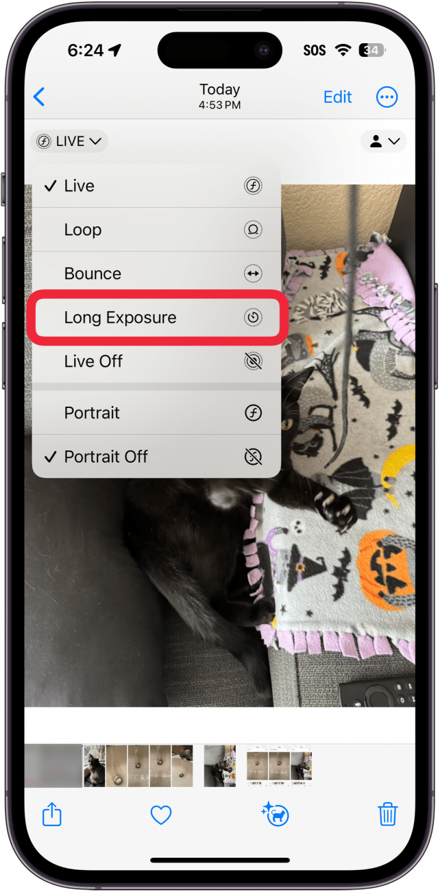 Live-Foto-Menü für iPhone-Fotos mit einem roten Kästchen um die Option für Langzeitbelichtung