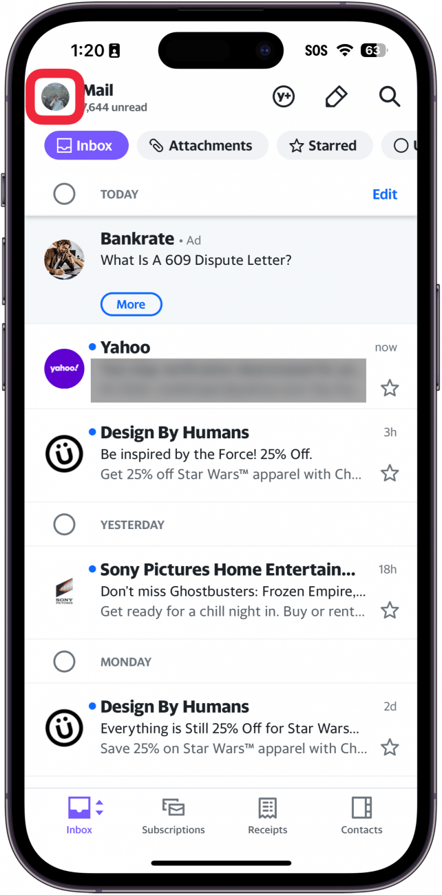iPhone Yahoo Mail-App mit einem roten Kästchen um das Profilsymbol
