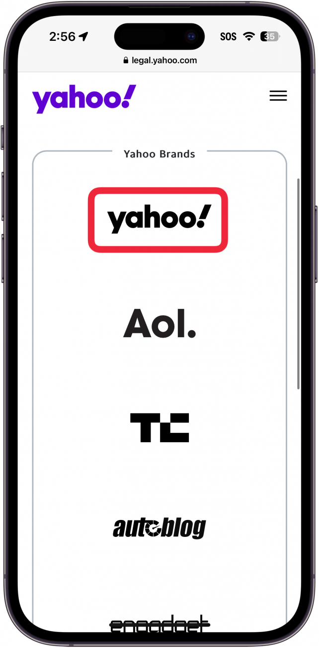 Datenschutzeinstellungen der Yahoo Mail-App für das iPhone mit einem roten Kästchen um das Yahoo-Logo