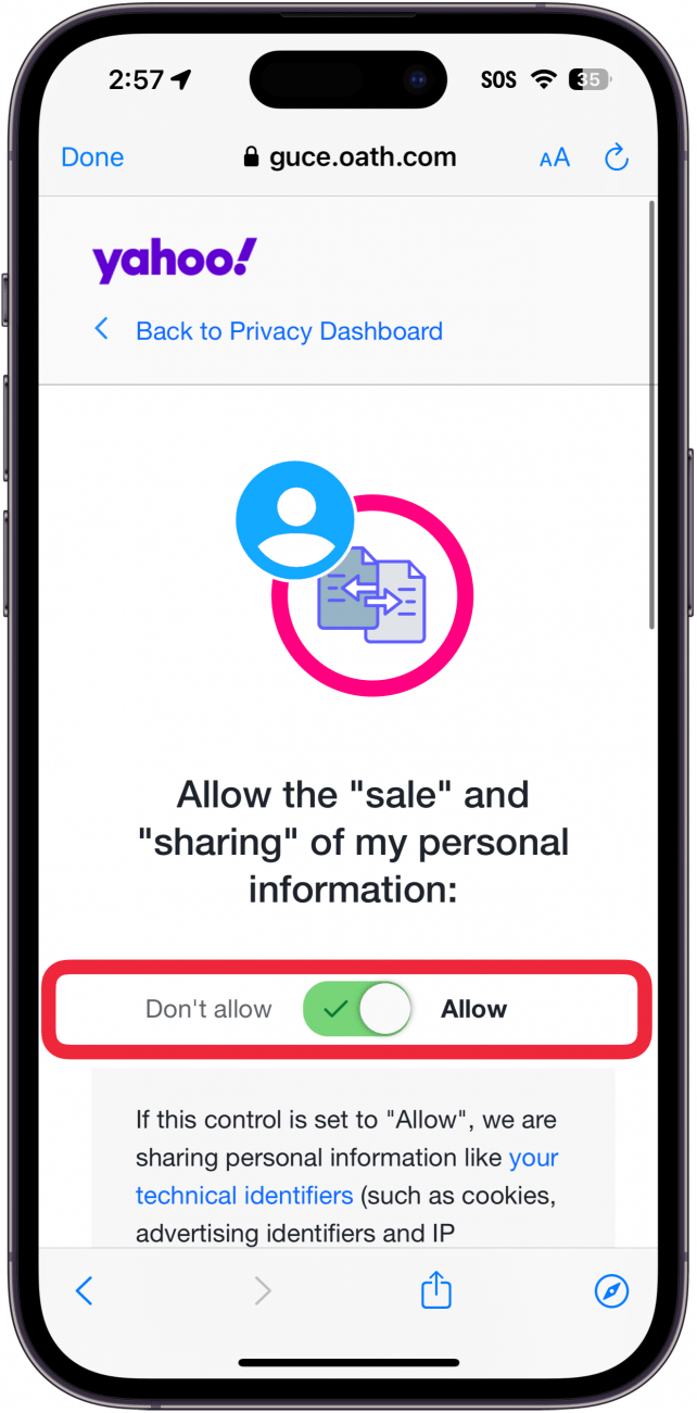 iPhone Yahoo Mail-App Verwalten Sie die Einstellungen für den Verkauf und die Weitergabe von Informationen mit einem roten Kästchen um einen grünen Schalter, der den Verkauf der persönlichen Informationen des Benutzers ermöglicht