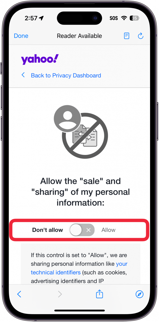 iPhone Yahoo Mail-App Verwalten Sie die Einstellungen für den Verkauf und die Weitergabe von Informationen mit einem roten Kästchen um einen grauen Schalter, das angibt, dass der Verkauf der Benutzerinformationen nicht mehr zulässig ist