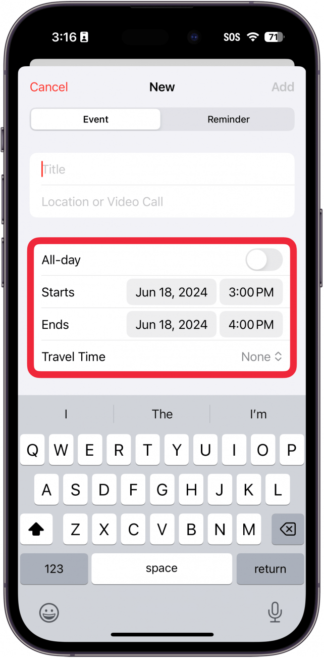 Bildschirm zur Erstellung eines neuen Ereignisses in der iPhone-Kalender-App mit einem roten Kästchen um die Datums- und Uhrzeitoptionen