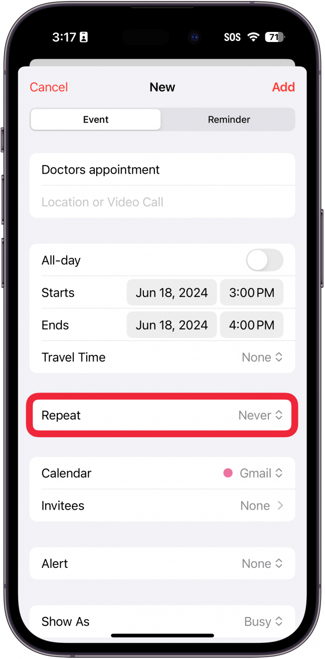 Bildschirm zur Erstellung eines neuen Ereignisses in der iPhone-Kalender-App mit einem roten Kästchen um die Wiederholung