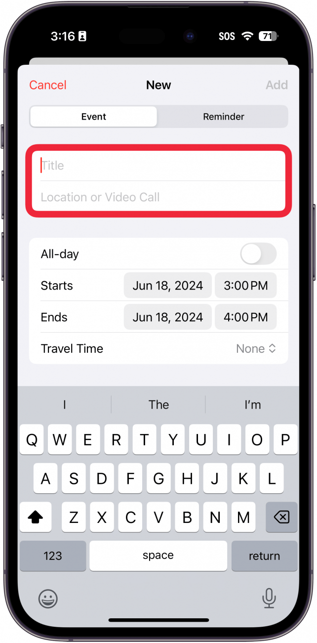 Bildschirm zur Erstellung neuer Ereignisse in der iPhone-Kalender-App mit einem roten Kästchen um die Felder „Titel“ und „Ort“