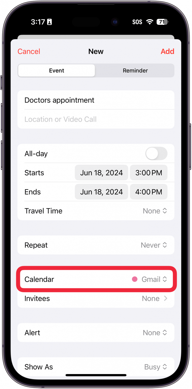 Bildschirm zur Erstellung eines neuen Ereignisses in der iPhone-Kalender-App mit einem roten Kästchen um die Kalenderschaltfläche