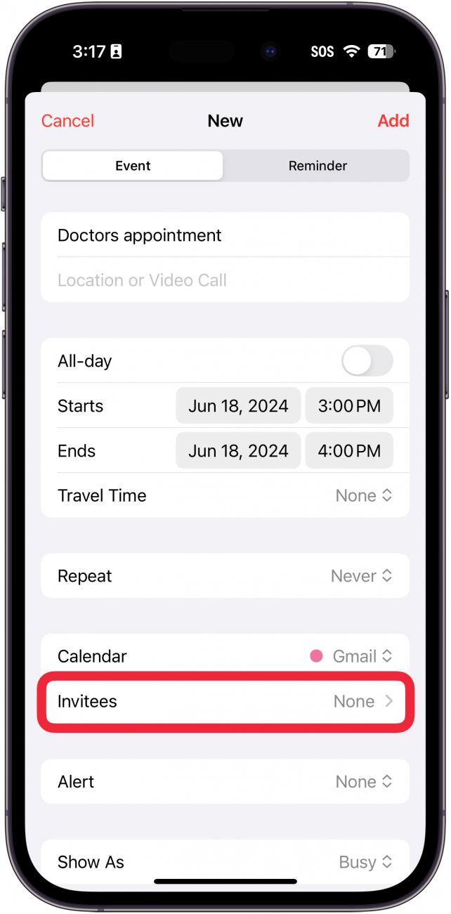 Bildschirm zum Erstellen eines neuen Ereignisses in der iPhone-Kalender-App mit einem roten Kästchen um die Schaltfläche „Eingeladene“