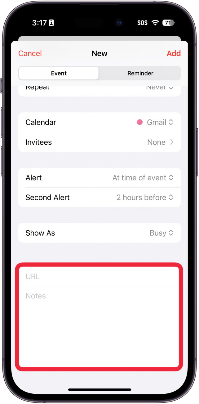 Bildschirm zur Erstellung neuer Ereignisse in der iPhone-Kalender-App mit einem roten Kästchen um die URL und das Notizfeld