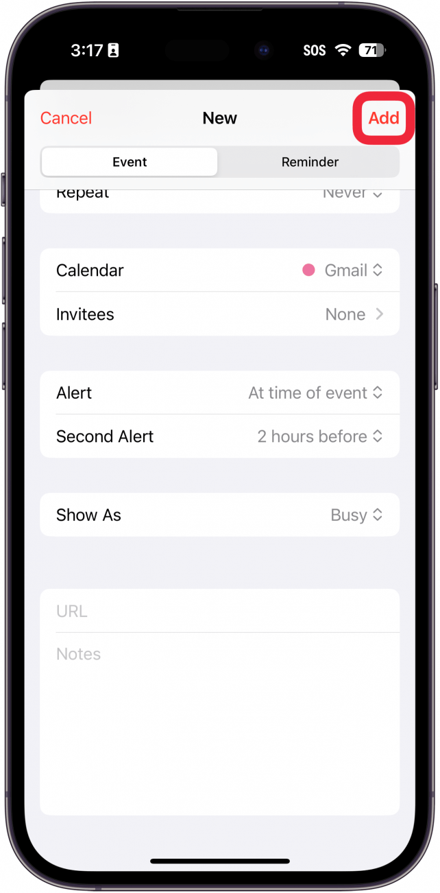 Bildschirm zum Erstellen eines neuen Ereignisses in der iPhone-Kalender-App mit einem roten Kästchen um die Schaltfläche „Hinzufügen“
