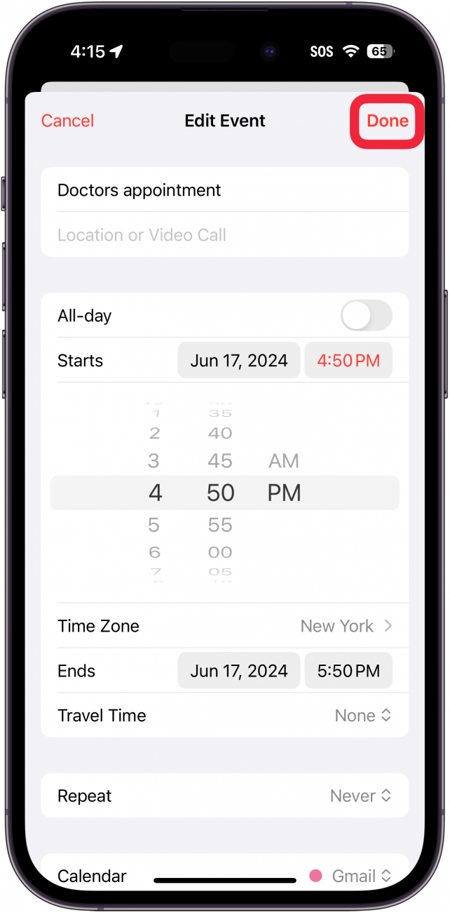 Die Kalender-App des iPhone zeigt den Bildschirm „Ereignis bearbeiten“ mit einem roten Kästchen um die Schaltfläche „Fertig“ an.