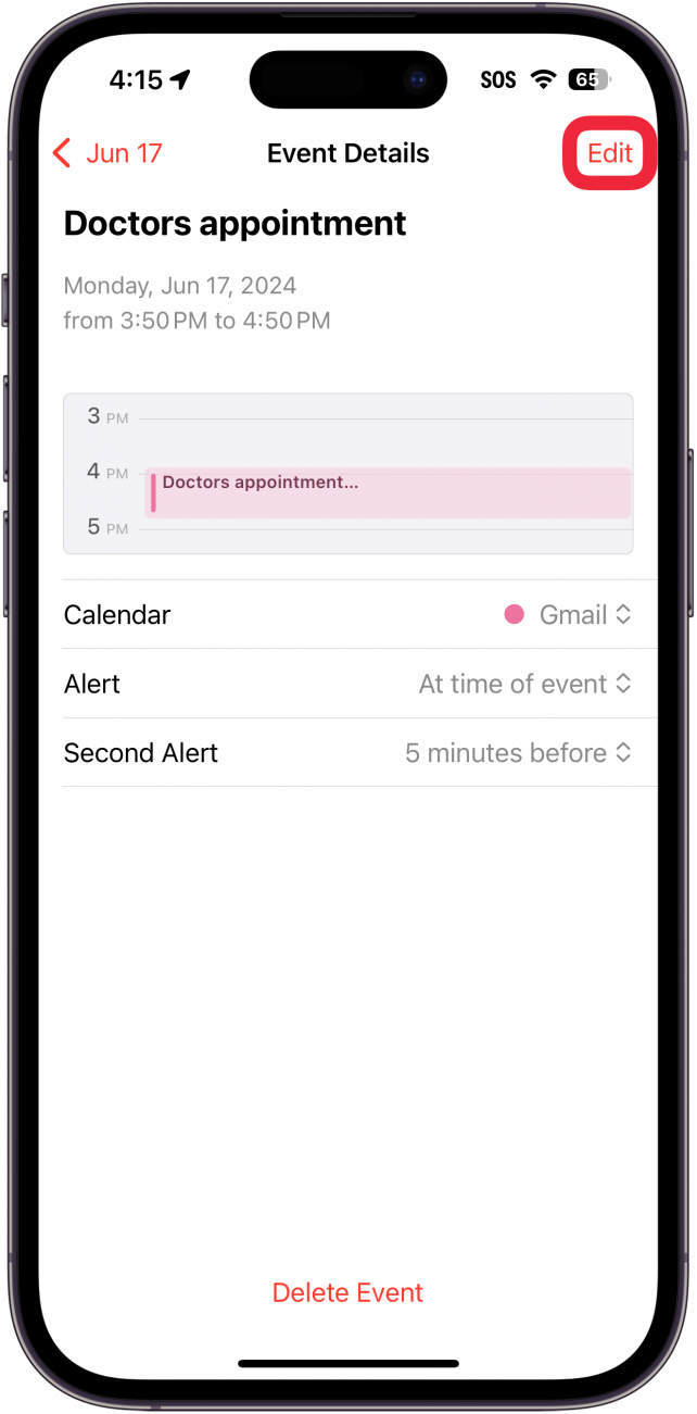 Details zu iPhone-Kalenderereignissen mit einem roten Kästchen um die Schaltfläche „Bearbeiten“