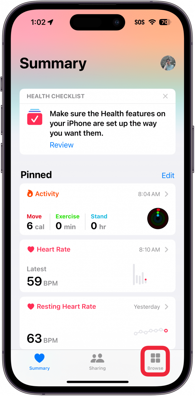 iPhone-Gesundheits-App mit einem roten Kästchen um die Registerkarte „Durchsuchen“
