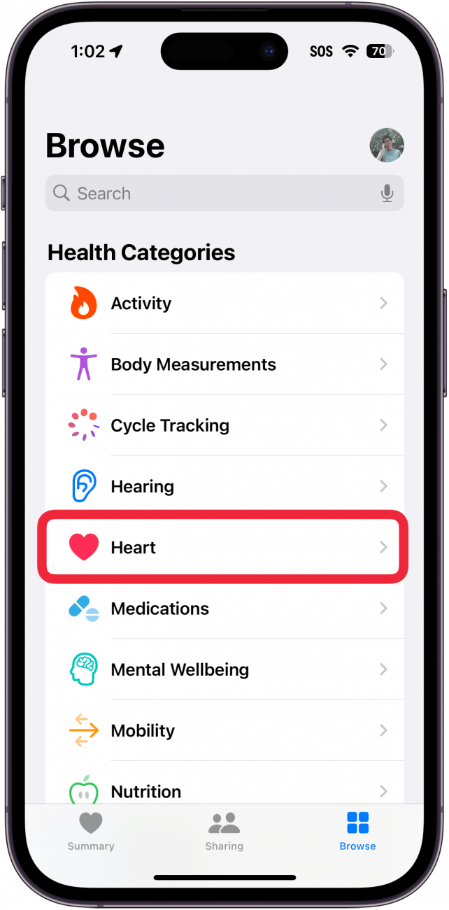 iPhone-Gesundheits-App mit einem roten Kästchen um das Herz