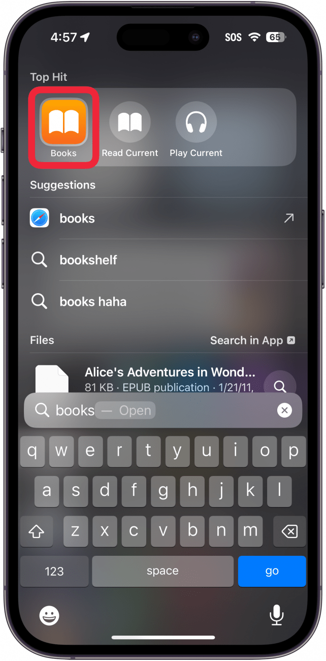 iPhone Spotlight-Suche mit einem roten Kästchen um die Bücher-App