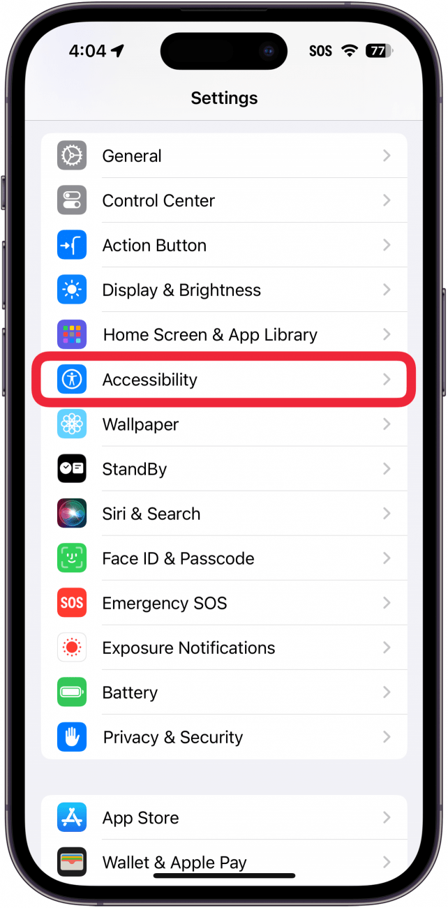 iPhone-Einstellungen mit einem roten Kästchen um die Zugänglichkeit