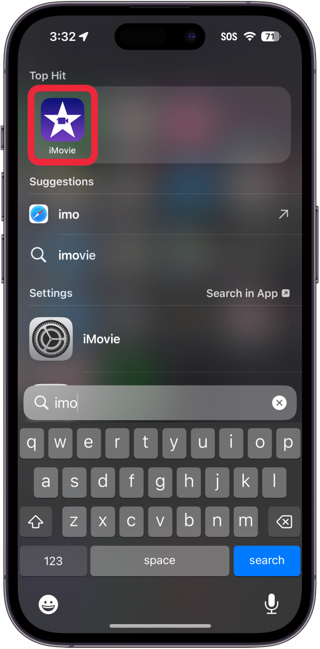 iPhone Spotlight-Suche mit iMovie-App (rot eingekreist)