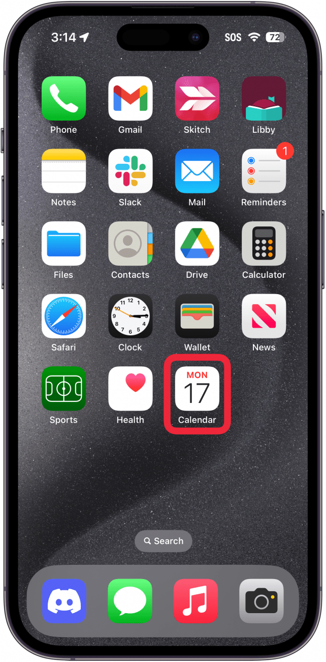 iPhone-Startbildschirm mit einem roten Kästchen um die Kalender-App