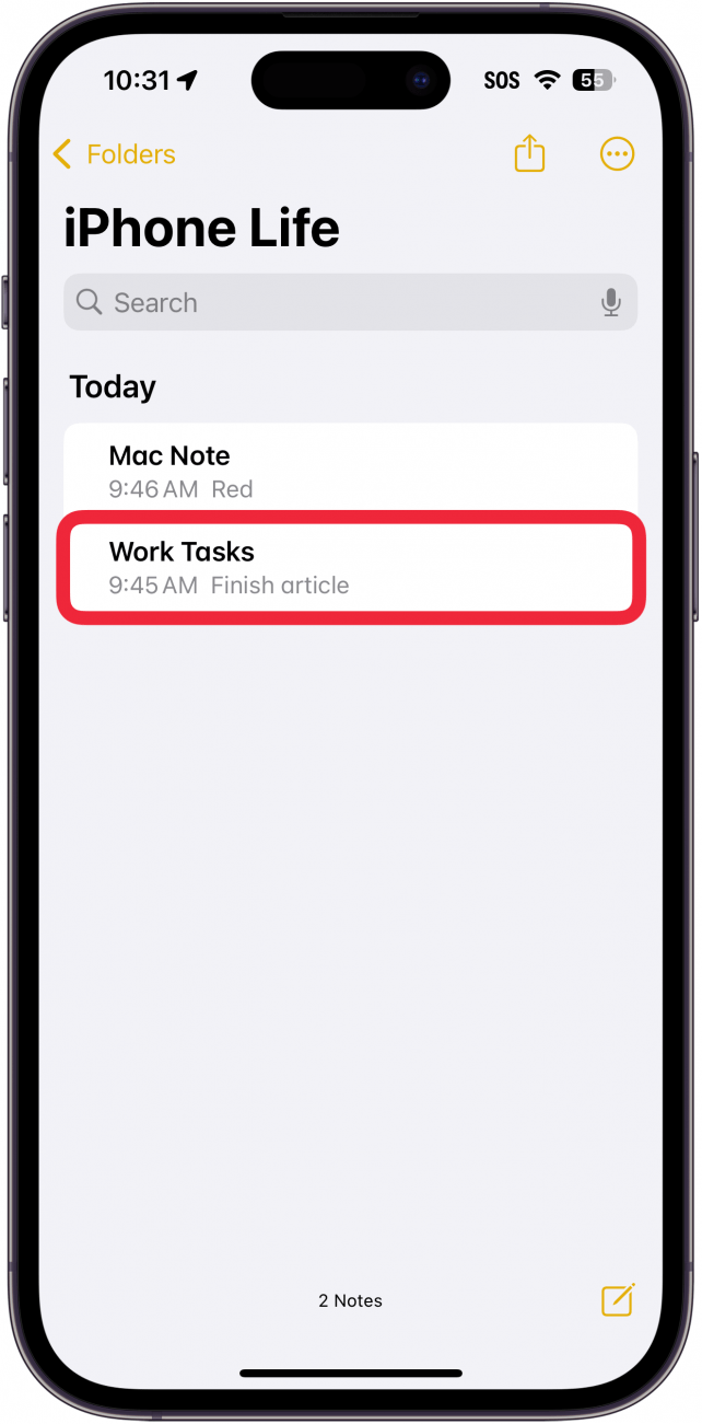 iPhone-Notizen-App mit einem roten Kästchen um eine Notiz mit dem Titel 