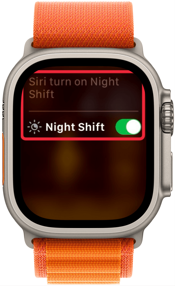 Die Siri-Interaktion der Apple Watch zeigt einen grünen Schalter für die Nachtschicht an, was bedeutet, dass sie aktiviert ist.