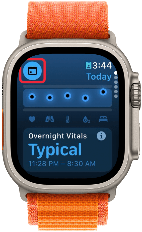Apple Watch Vitals-App mit einem roten Kästchen um das Kalendersymbol