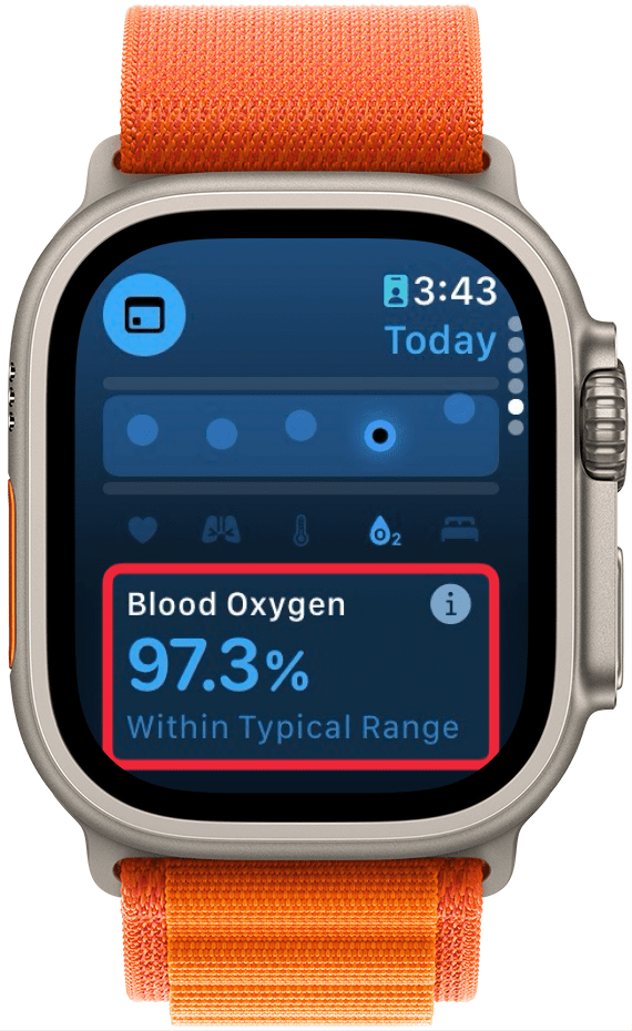 Apple Watch Vitals-App mit einem roten Kästchen um den Blutsauerstoff