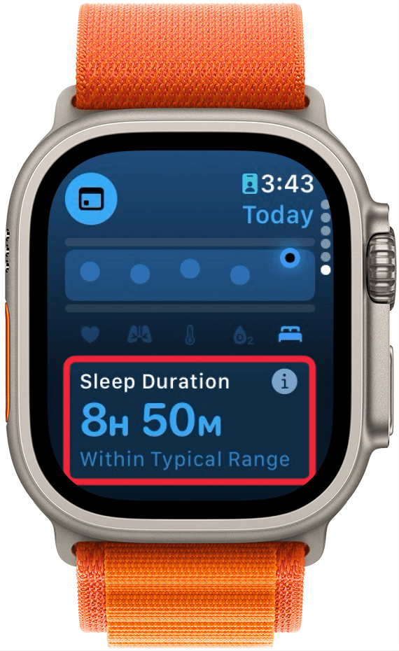 Apple Watch Vitals-App mit einem roten Kästchen rund um die Schlafdauer