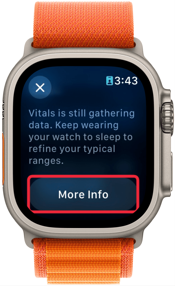 Die Vitalwert-App der Apple Watch zeigt eine Erklärung zu den Vitalwerten über Nacht an, mit einem roten Kästchen um die Schaltfläche „Weitere Informationen“