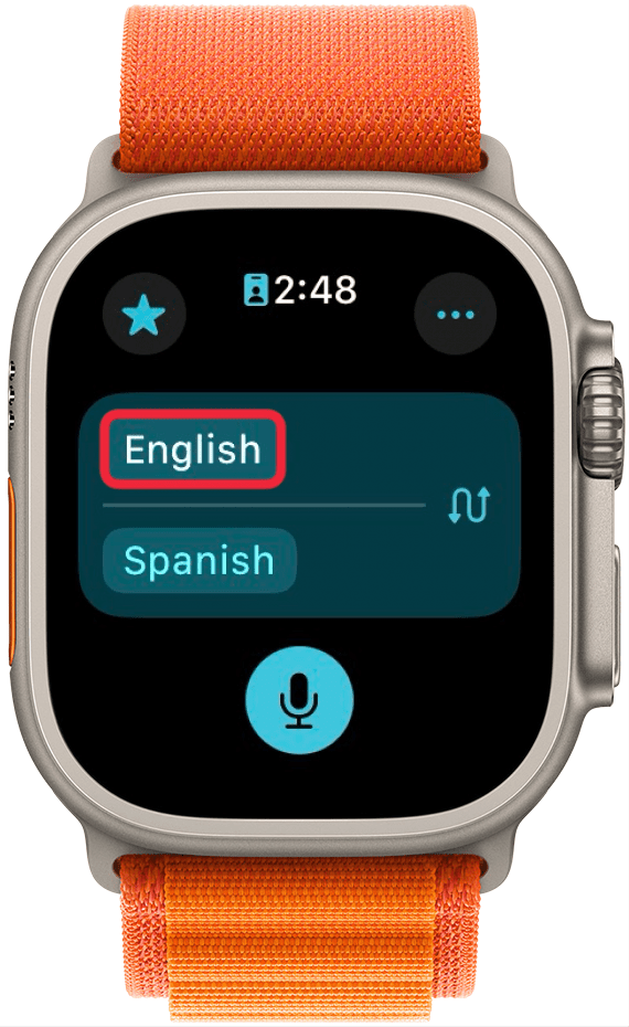 Apple Watch Übersetzer-App mit einem roten Kästchen um Englisch