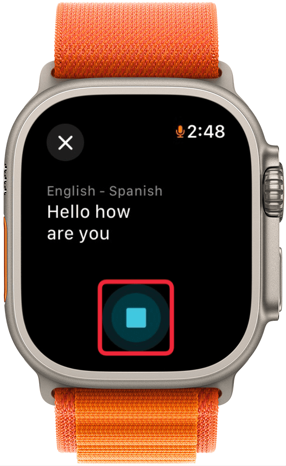 Apple Watch-Übersetzer-App mit einem roten Kästchen um die Stopptaste
