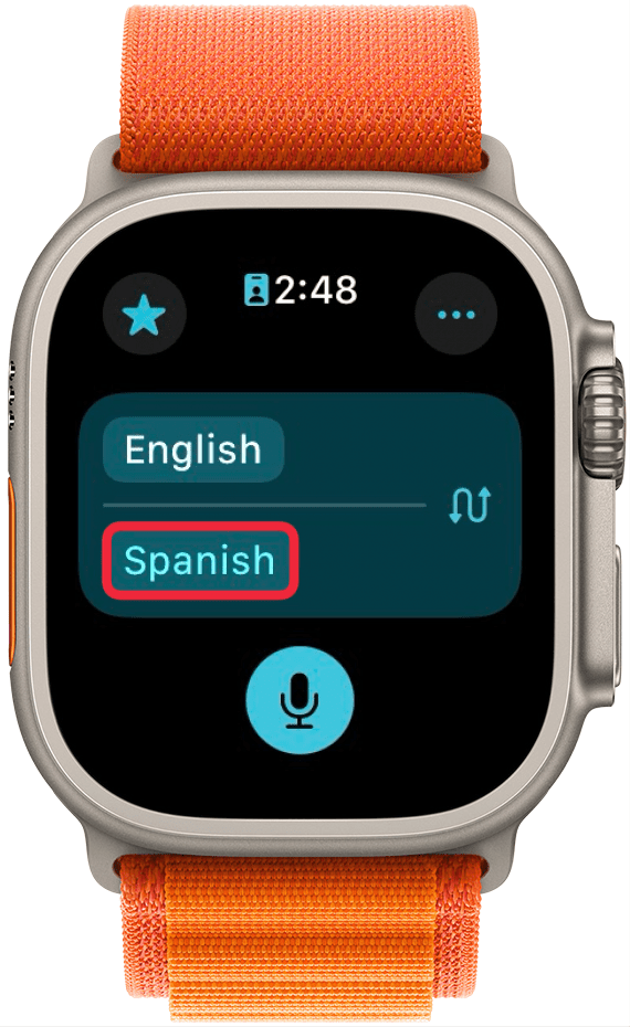 Apple Watch Übersetzer-App mit einem roten Kästchen um Spanisch