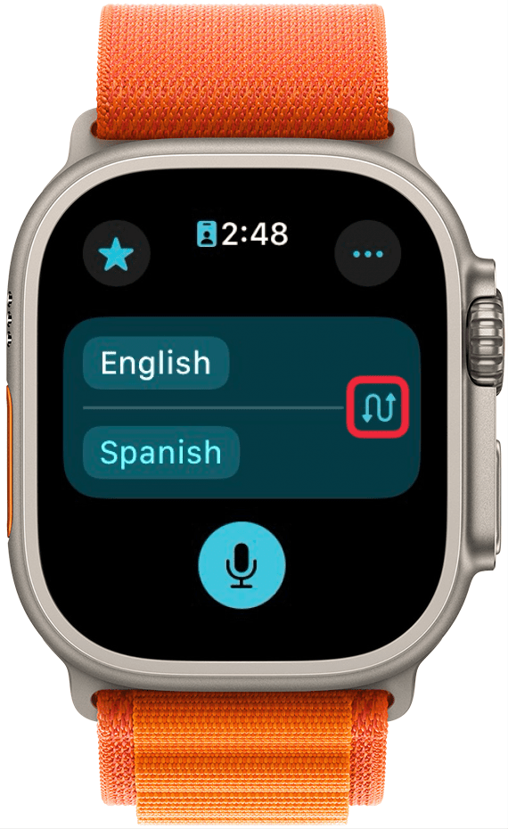 Apple Watch Übersetzungs-App mit einem roten Kästchen um Pfeile zum Sprachenwechseln