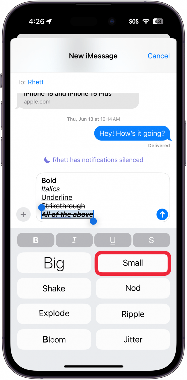 iPhone-Nachrichten-App zeigt verschiedene Texteffekte mit einem roten Feld um kleine