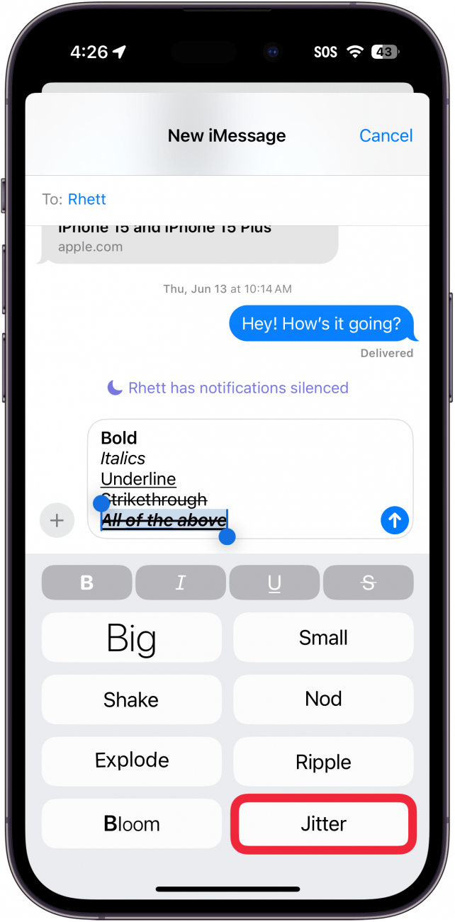 iPhone-Nachrichten-App zeigt verschiedene Texteffekte mit einem roten Kästchen um Jitter an