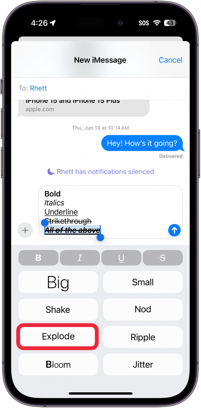 iPhone-Nachrichten-App zeigt verschiedene Texteffekte mit einem roten Kästchen um die Explosion herum an