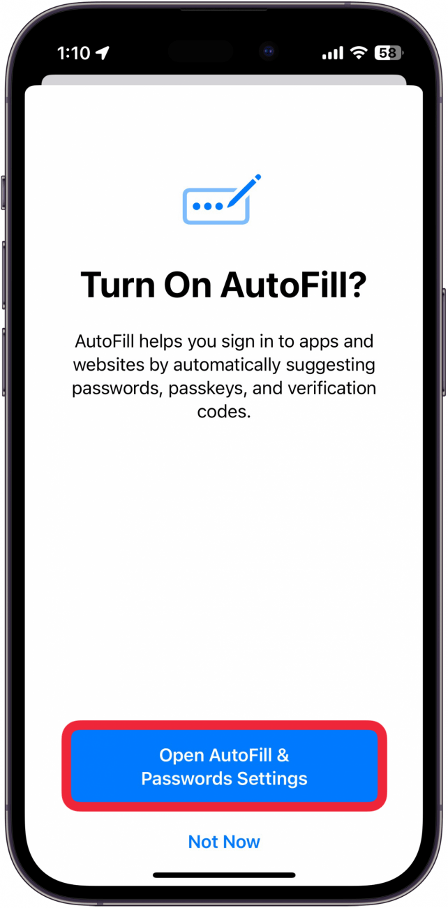 Einführungsbildschirm der iPhone-Passwort-App mit einem roten Kästchen um die geöffneten AutoFill- und Passworteinstellungen