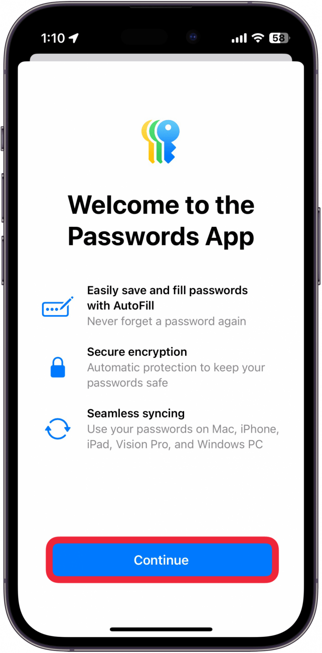 Einführungsbildschirm der iPhone-Passwort-App mit einem roten Kästchen um die Schaltfläche „Weiter“
