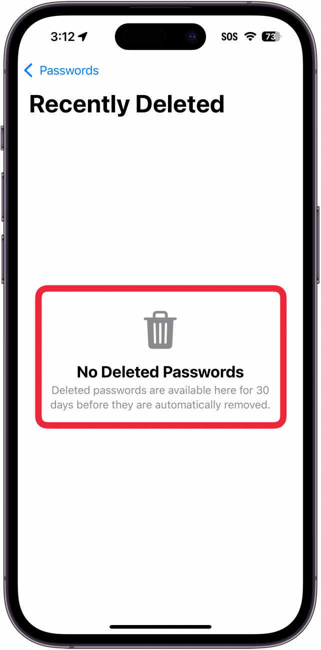iPhone-Passwörter-App - Ordner mit gelöschten Passwörtern mit einem roten Kästchen um die Beschreibung, was dieser Ordner tut