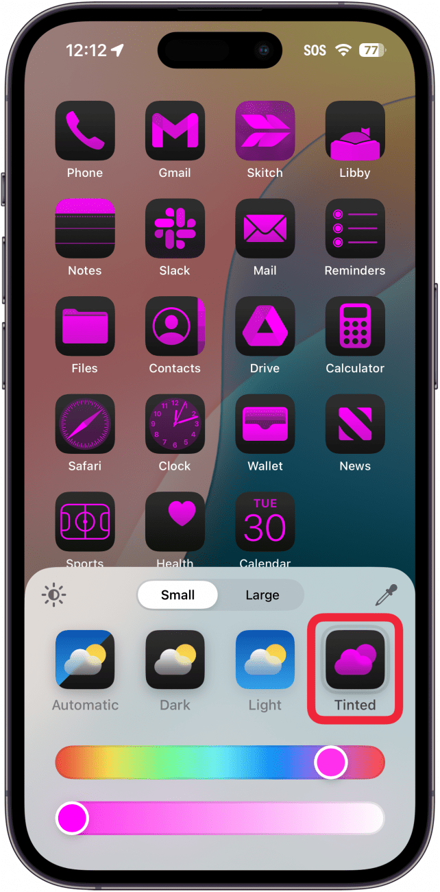 iPhone-Startbildschirm-Anpassungsmenü mit einem roten Kästchen um die getönten Symboleinstellungen