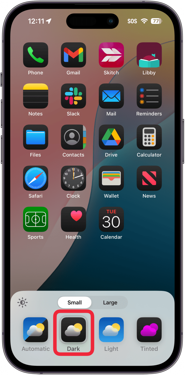 Anpassungsmenü für den iPhone-Startbildschirm mit einem roten Kästchen um die dunklen Symboleinstellungen