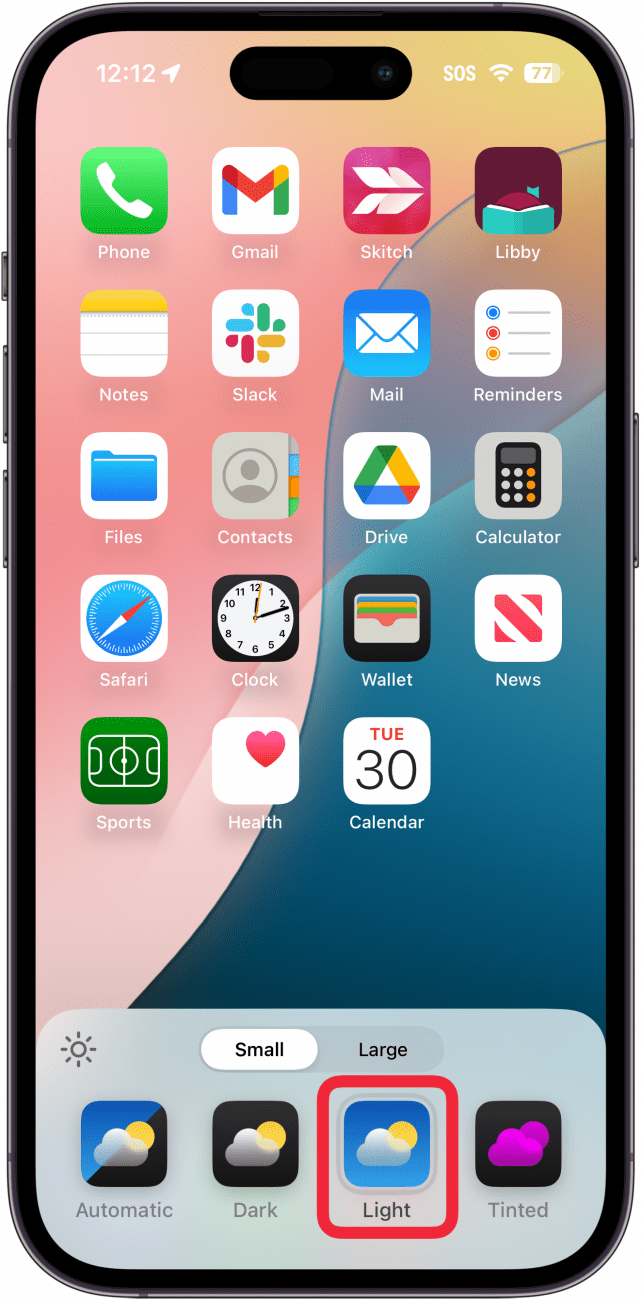 Anpassungsmenü für den iPhone-Startbildschirm mit einem roten Kästchen um das Lichtsymbol