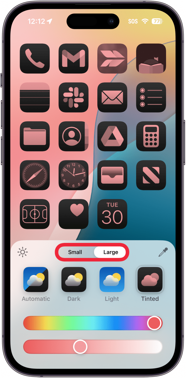 Menü zur Anpassung der Tönung der App auf dem iPhone-Startbildschirm mit einem roten Kästchen um kleine und große Symbolschaltflächen