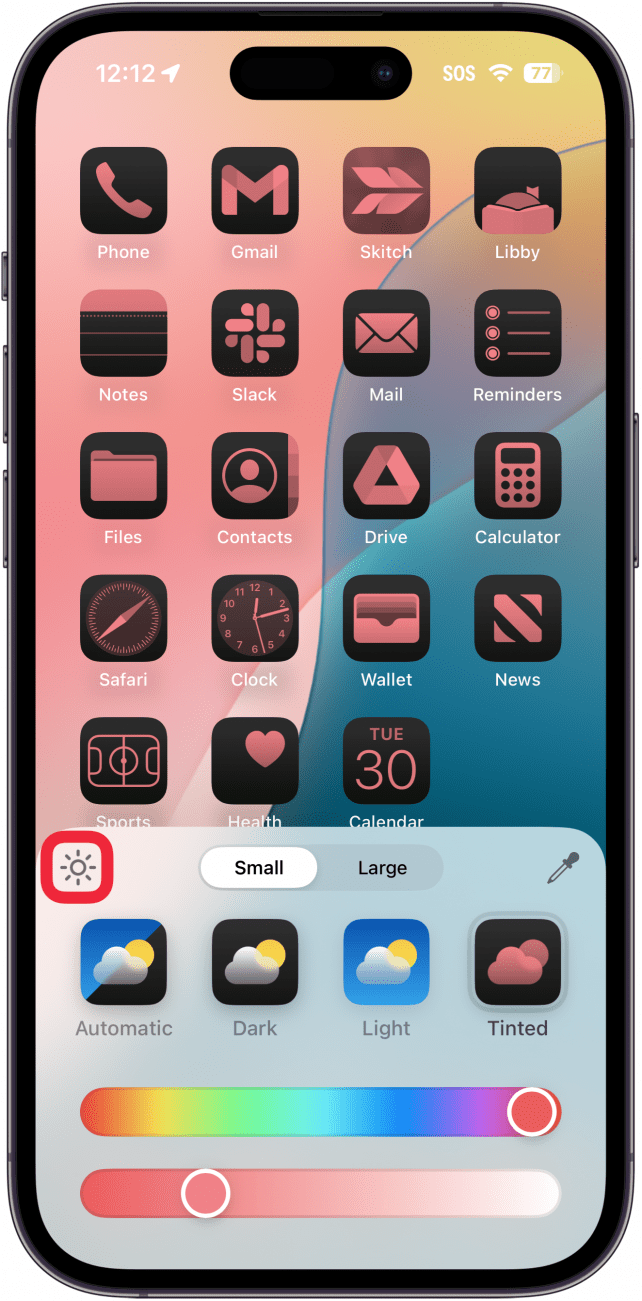 Farbtonanpassungsmenü der iPhone-Startbildschirm-App mit einem roten Kästchen um das Sonnensymbol