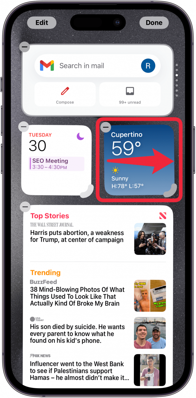 iPhone-Heute-Ansicht mit einem roten Kästchen um ein Widget und einem roten Pfeil nach rechts, der anzeigt, dass das Widget von der Heute-Ansicht auf den Startbildschirm gezogen werden soll