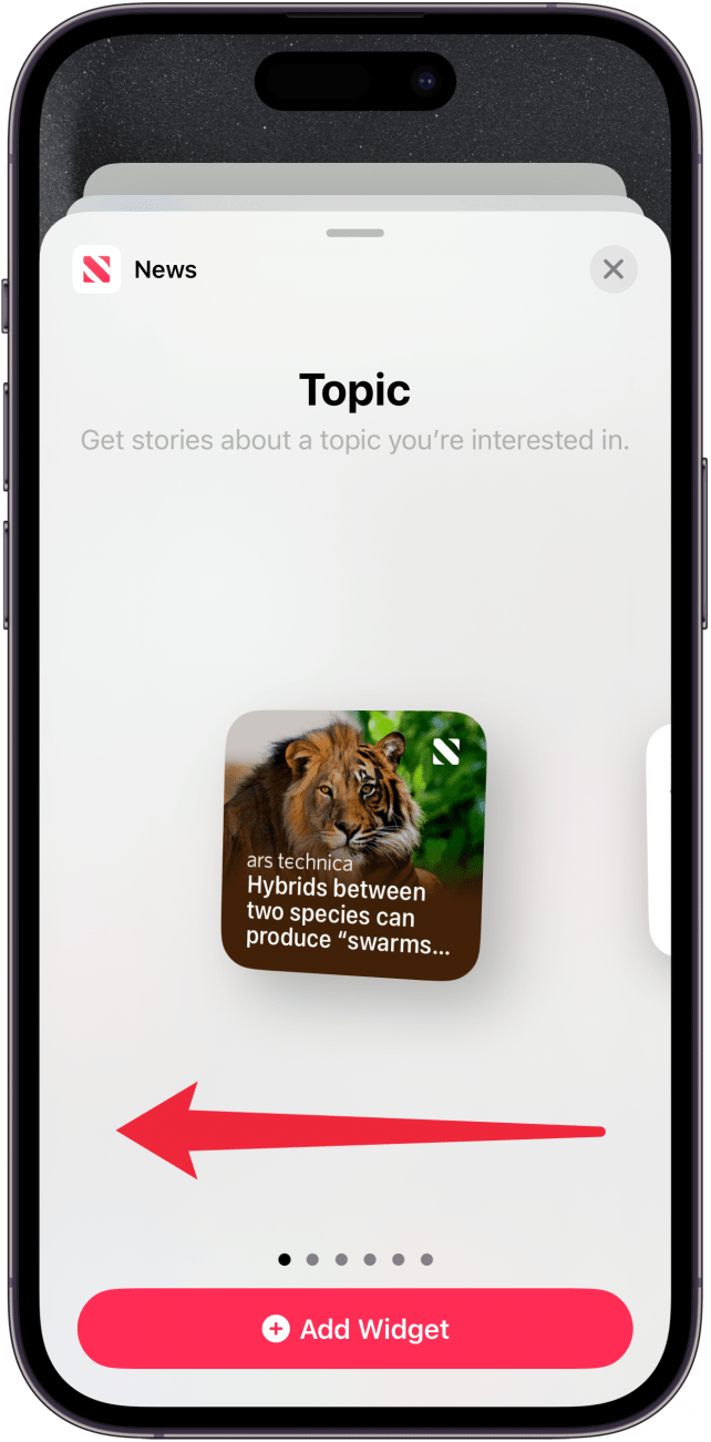 Anpassung des iPhone-News-Widgets mit einem roten Pfeil nach links, der dem Benutzer anzeigt, dass er nach links wischen soll