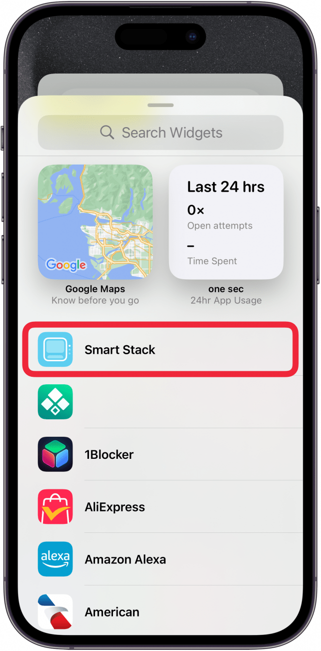iPhone-Widget-Menü mit einem roten Kästchen um Smart Stack