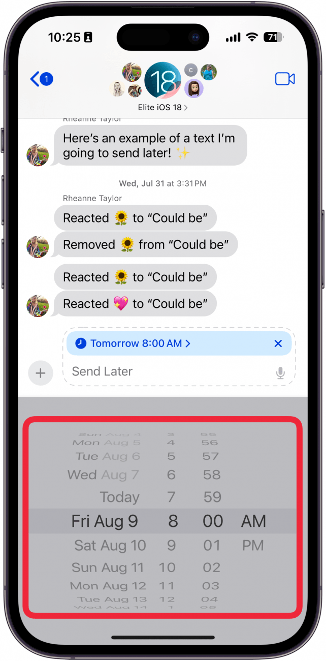 Nachrichtenplanung in der iPhone-Nachrichten-App mit Anzeige eines Scrollrads mit Datum und Uhrzeit