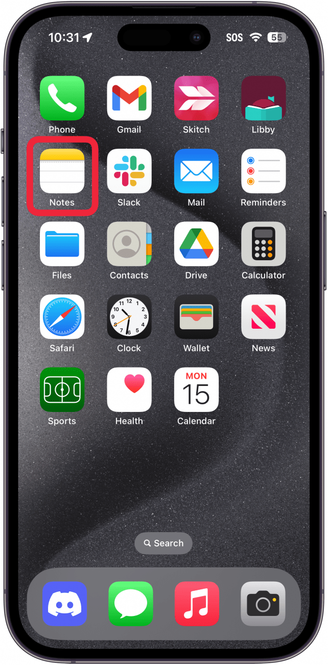 iPhone-Startbildschirm mit einem roten Kästchen um die Notizen-App