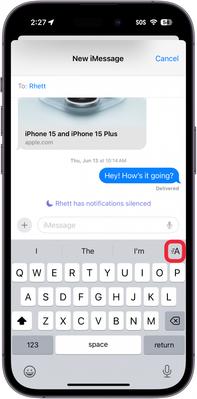 iPhone-Nachrichten-App mit einem roten Kästchen um die Schaltfläche für Texteffekte