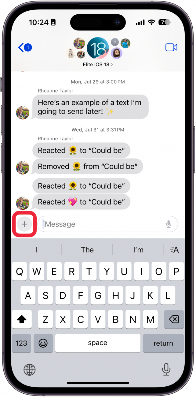 Konversation in der iPhone-Nachrichten-App mit einem roten Kästchen um das Plus-Symbol