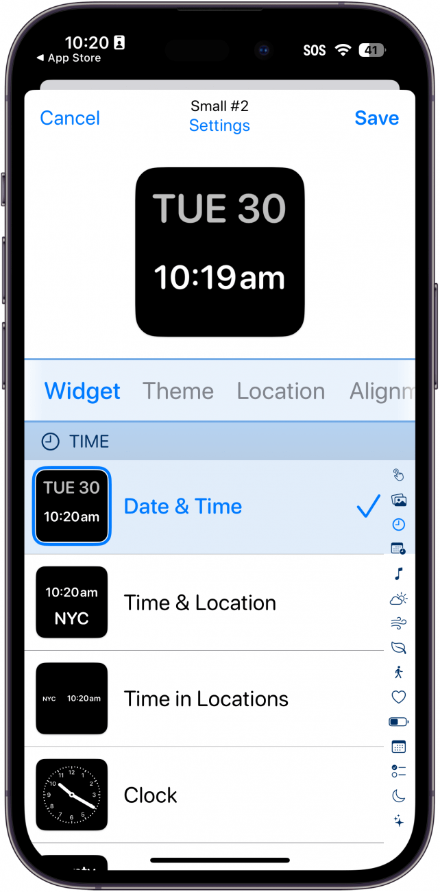 iPhone Widget Smith Anpassungsmenü